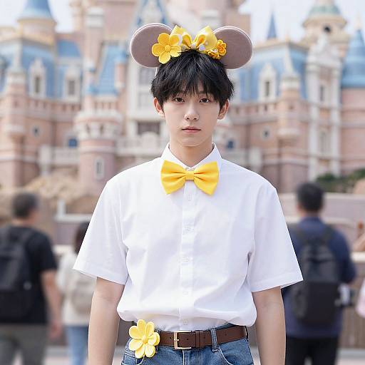 Photograph of an Asian man in a white shirt, yellow bowtie, and mouse ears headband with yellow flowers, standing in front of a Disney