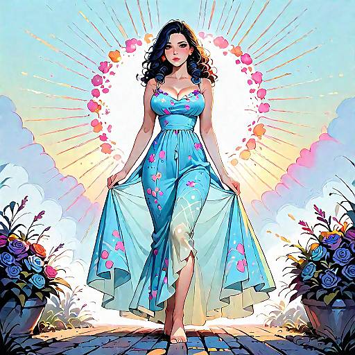 Woman in Blue Floral Sundress Walking Outdoors