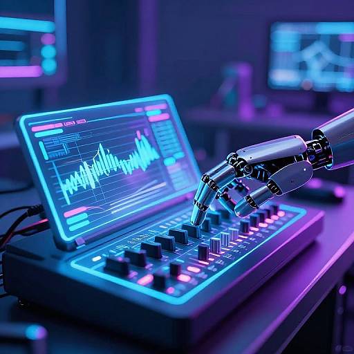 Photograph of a neon-lit laptop with a waveform display, controlled by a robotic hand with glowing blue and purple accents.