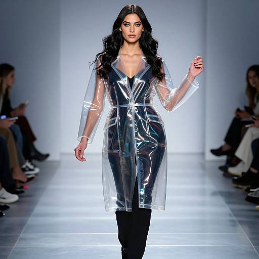 Photograph of a confident woman with long black hair, wearing a sheer, reflective, black dress and black pants, walking a brightly lit runway with an