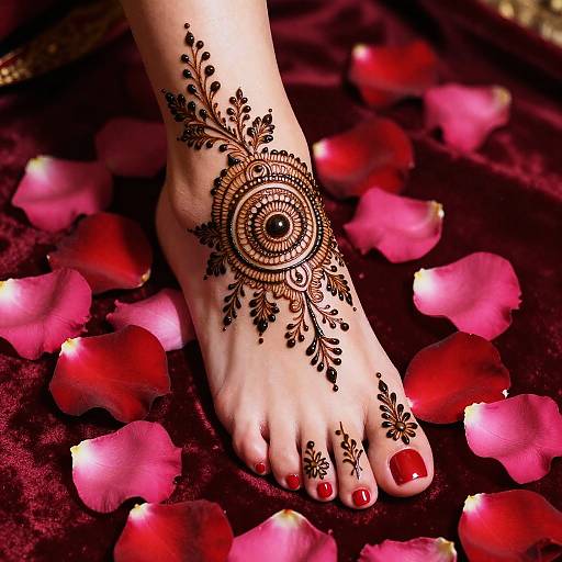 Intricate Henna Foot with Rose Petals