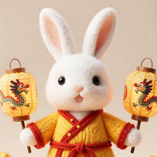 Hyperrealistic Wool Rabbit in Chinese Robe
