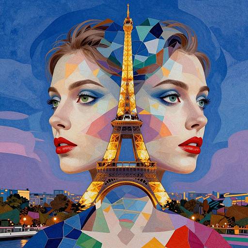 Digital art: Two-faced woman with red lipstick, blue eyes, and short brown hair, superimposed with Eiffel Tower, colorful geometric background