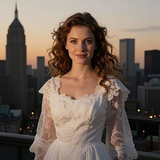 Photograph of a smiling woman with wavy brown hair, wearing a white lace wedding dress, standing against a sunset city skyline.