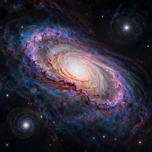 Photograph of a vibrant spiral galaxy with bright white core, colorful blue, red, and purple edges, surrounded by dark space and scattered stars.