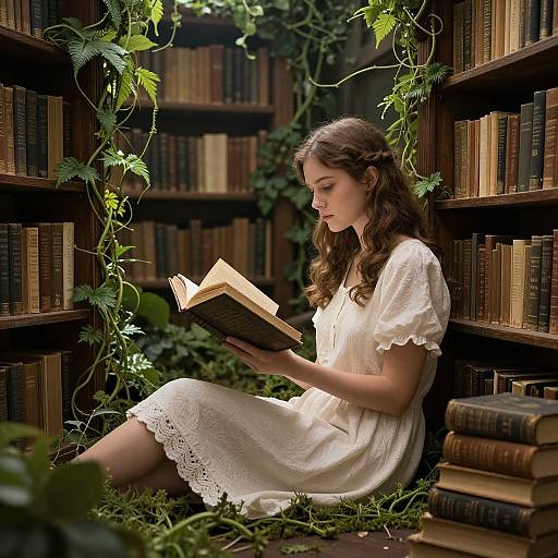 Photograph of a young woman with wavy brown hair, wearing a white lace dress, reading a book amidst ivy-covered bookshelves.