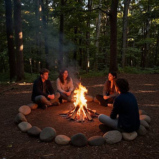 Friends Around Bonfire in Forest Clearing