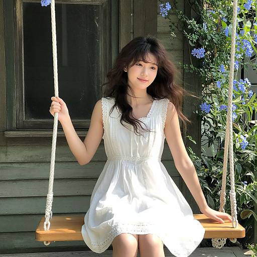 Photograph of an Asian woman with long black hair, wearing a white sleeveless dress, sitting on a wooden swing, in front of a green wooden
