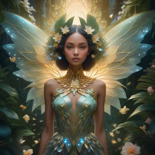 Fantasy Fairy Woman with Golden Floral Wings