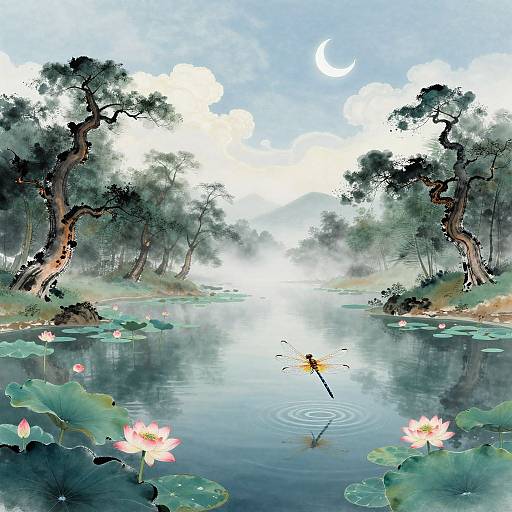 Digital painting of a serene, reflective pond with pink lotus flowers, lily pads, a flying dragonfly, and tall trees under a crescent
