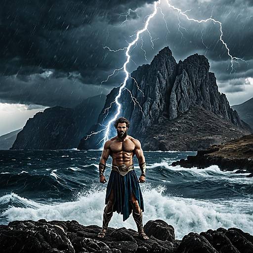 Heroic Zeus-like God Over Stormy Sea