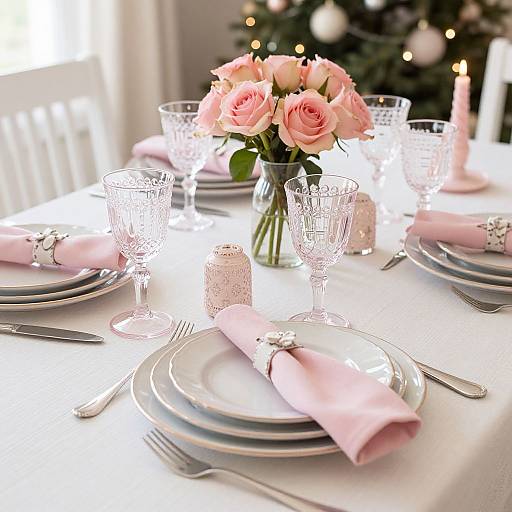 Elegant table setting with pink roses, crystal glasses, pink napkins, and silverware, set against a softly lit Christmas tree. Photograph.