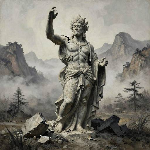 Photograph of a detailed marble statue of a crowned, muscular, female deity with flowing drapery, raising one arm, standing amidst broken rocks and