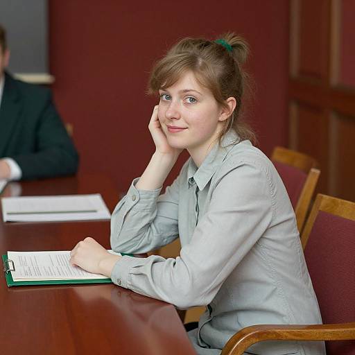 Photograph of a young woman with light brown hair in a ponytail, wearing a light gray button-up shirt, sitting at a wooden table in a