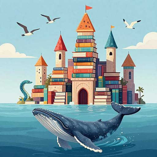 Digital illustration of a colorful, castle-like island with red and blue turrets, surrounded by blue ocean, featuring a breaching whale and flying birds.