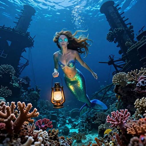 Photograph of a glowing blue-eyed mermaid with a green and gold tail, holding a lantern, swimming through a vibrant underwater coral reef surrounded by ship