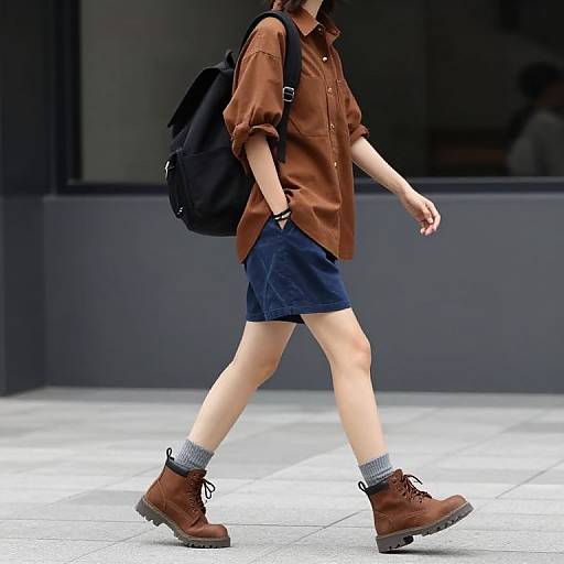 Photograph of a young person walking, wearing a brown shirt, navy skirt, brown boots with gray socks, and a black backpack. Urban background.