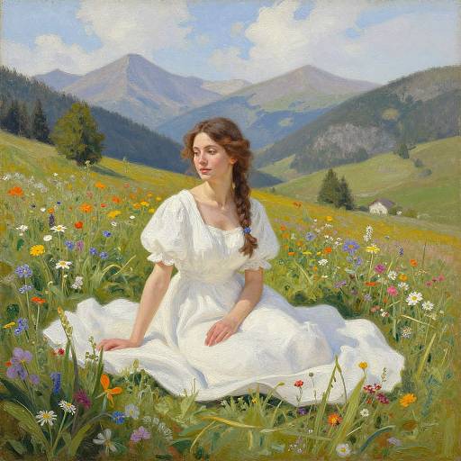 Photorealistic painting of a fair-skinned woman with braided brown hair, wearing a white dress, sitting in a colorful meadow of wildflowers