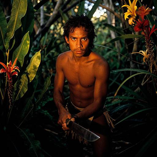 Photograph of a muscular, shirtless indigenous man with wet black hair, dark skin, and intense eyes, holding a knife in a dense, dark