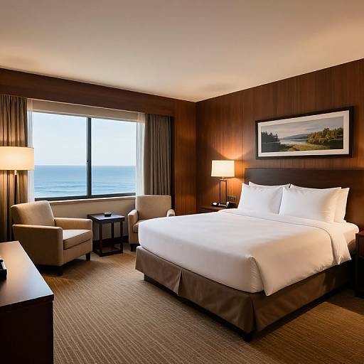 Photograph of a modern hotel room with wooden walls, white bed, two lamps, armchairs, table, large window, and ocean view.