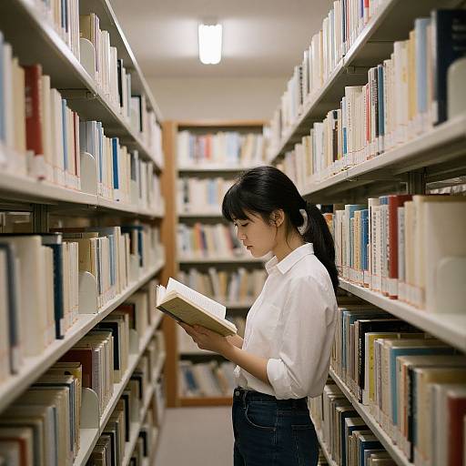 Photograph of an Asian woman with black hair in a ponytail, wearing a white blouse and high-waisted black jeans, reading a book in