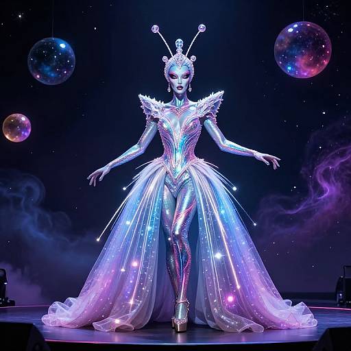 Photograph of a futuristic, neon-lit performer in a galaxy-inspired, starry gown with cosmic headpiece, standing on stage with glowing planets and