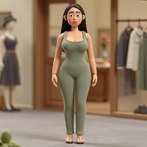 CGI image of a surprised, curvy woman with long black hair, green bodysuit, and black sandals, standing in a softly lit,