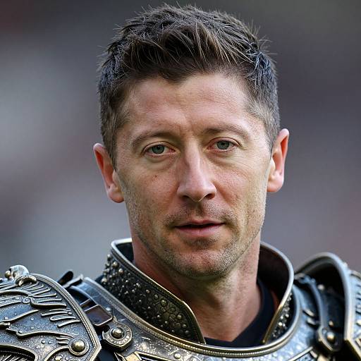 Photograph of a rugged, fair-skinned man with short brown hair, wearing detailed, metallic armor, with a serious, focused expression.