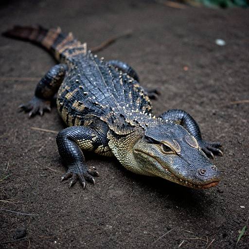 Photograph of a black and yellow-spotted lizard with textured skin, lying on dark, rough ground; background slightly blurred.