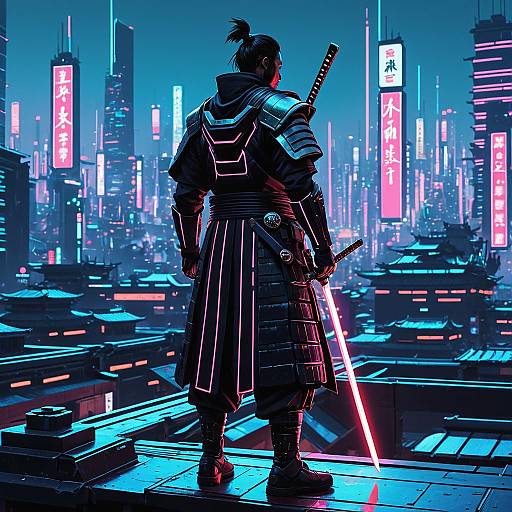 Futuristic Cyberpunk Samurai on Rooftop