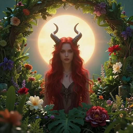 Mythical Figure in Lush Floral Wreath