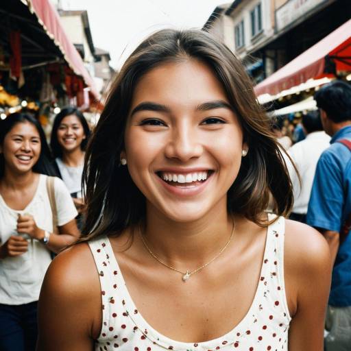 Happy Young Woman in Busy Marketplace