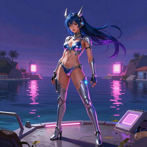 Digital CGI of a cyberpunk female warrior with blue hair, metallic armor, and horns, standing on a neon-lit dock at night, overlooking a