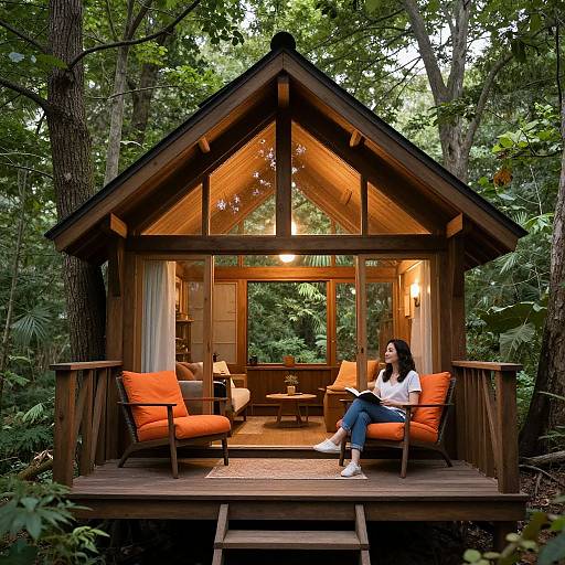 Photograph of a woman with dark hair and white blouse, sitting on an orange cushioned bench in a wooden, forested treehouse with warm interior