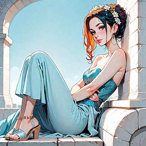 Stylish Woman in Strapless Blue Dress Sitting on Stone Steps