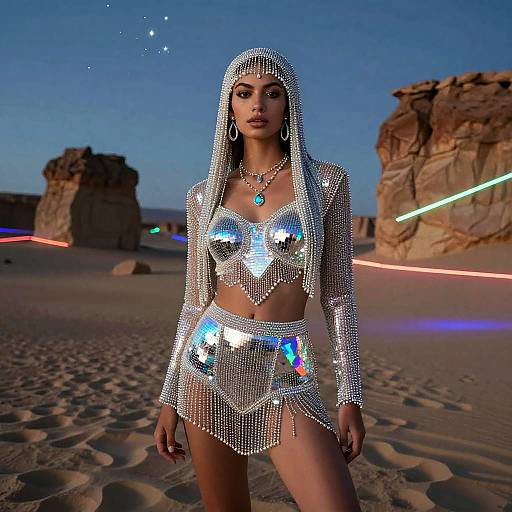 Photorealistic digital image of a woman in a shimmering silver, mirror-like, fringe outfit, head veil, and turquoise necklace, standing in a