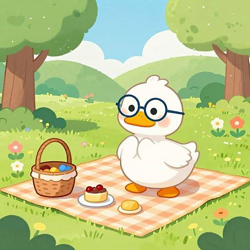Cartoon duck with glasses on a picnic blanket, surrounded by trees, flowers, a basket, and desserts in a sunny meadow.
