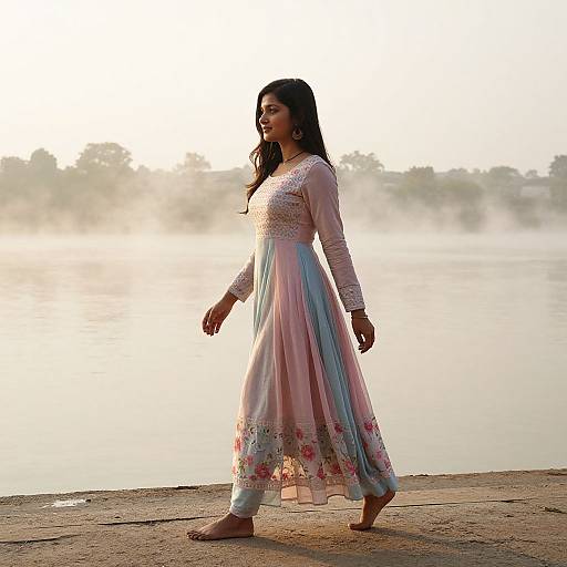 Photograph of a young Indian woman with long black hair, wearing a white and pink traditional long dress, walking barefoot by a misty lake at