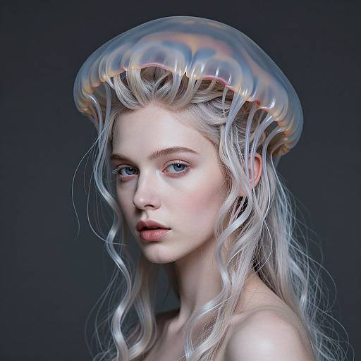 Digital CGI portrait of a pale-skinned, blue-eyed woman with flowing white hair and a translucent, iridescent jellyfish-like headpiece against a