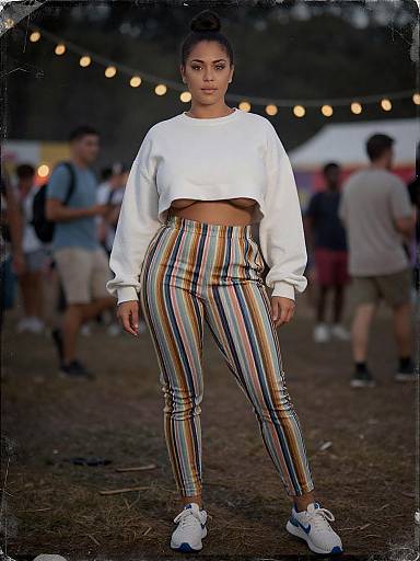 Photograph of a young woman with dark hair in a bun, wearing a white crop sweatshirt and striped high-waisted pants, standing outdoors at