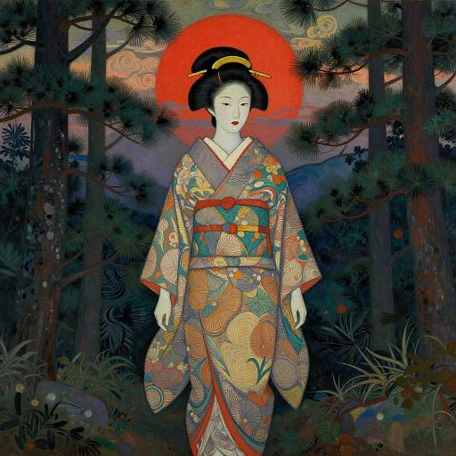 European-Featured Geisha in Pine Forest