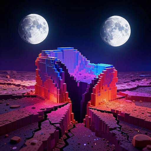 Digital CGI of a pixelated, glowing, geometric structure under a dark sky with two bright, full moons; vibrant red, blue, and purple hues