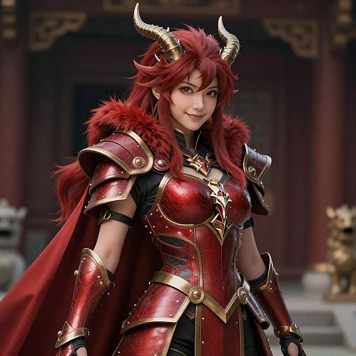 Red Armored Dragon-Horned Heroine with Cape
