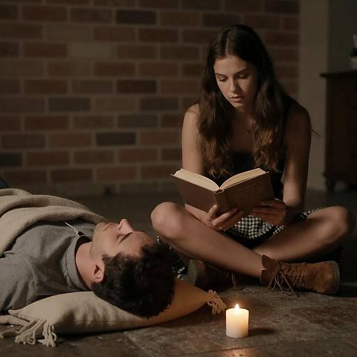 Couple in Rustic Room with Candlelight Reading