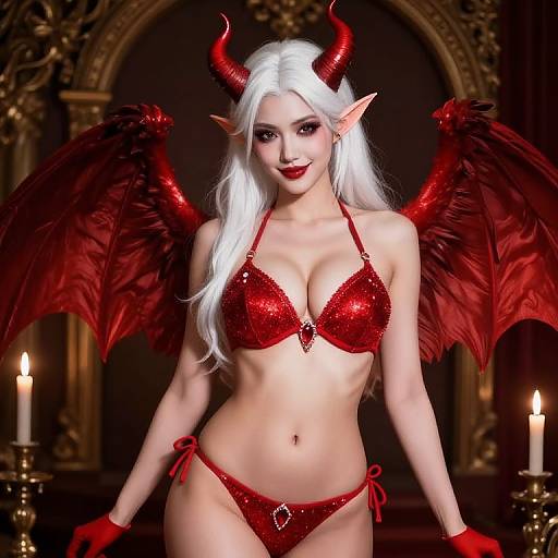 Digital artwork of a sexy, white-haired demon woman with red horns, wings, red sequin bikini, and gloves, standing before lit candles in an