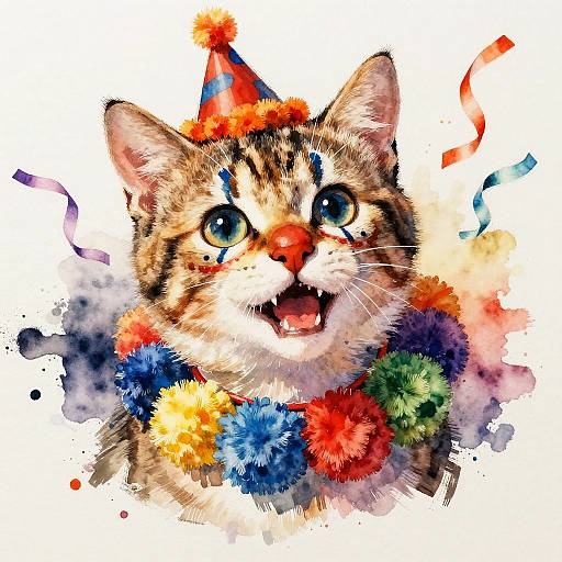 Expressive Watercolor Clown Cat