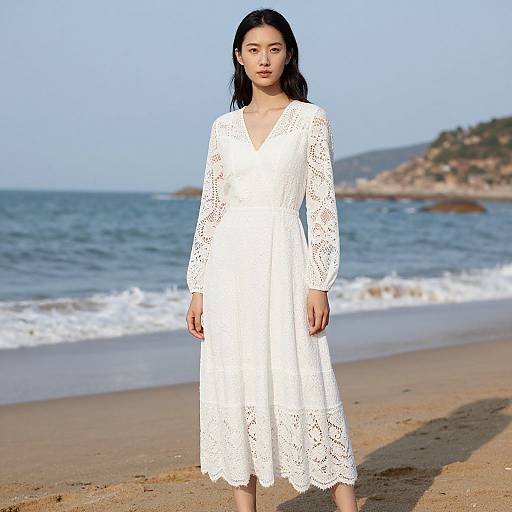 Photograph of an Asian woman with long black hair, wearing a white lace long-sleeve dress, standing on a sunny beach with ocean waves and