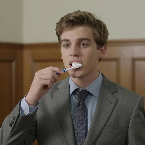 Young Man in Suit Brushing Teeth