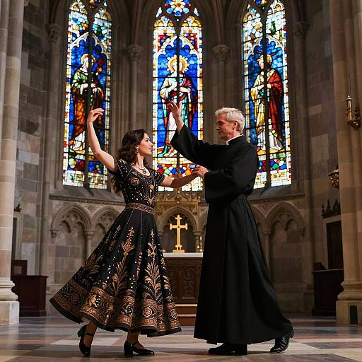 Priest and Woman Dancing in Cathedral