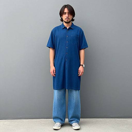 Photograph of a bearded man with shoulder-length brown hair, wearing a blue short-sleeve shirt, blue gradient jeans, and white sneakers,